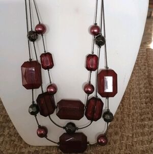 Elegant Multi-Strand Red Necklace Gunmetal Chain